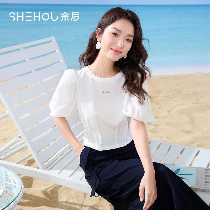 佘后2025夏装休闲风简约圆领灯笼袖小衫纯色通勤修身女式T恤