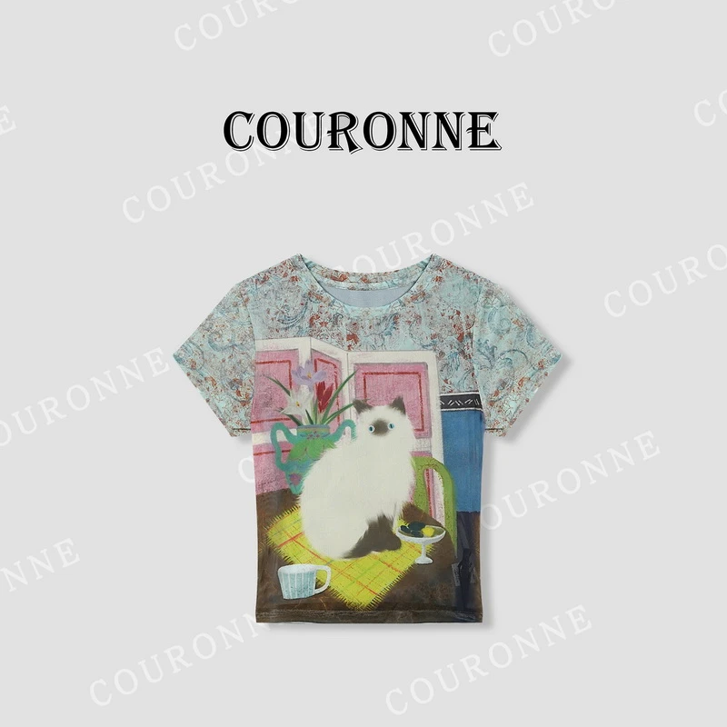 【佳佳】-春夏‘’壁画猫咪‘’复古油画设计感小个子软糯轻薄短袖33444