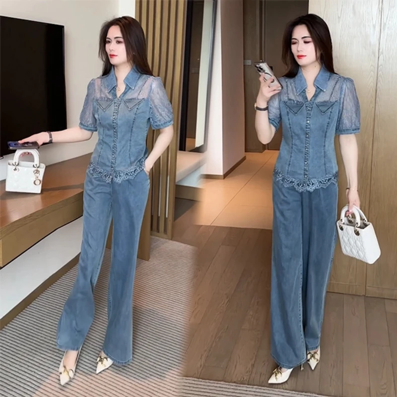 夏季新款小香风穿搭气质休闲显瘦不挑人减龄牛仔蕾丝拼接套装