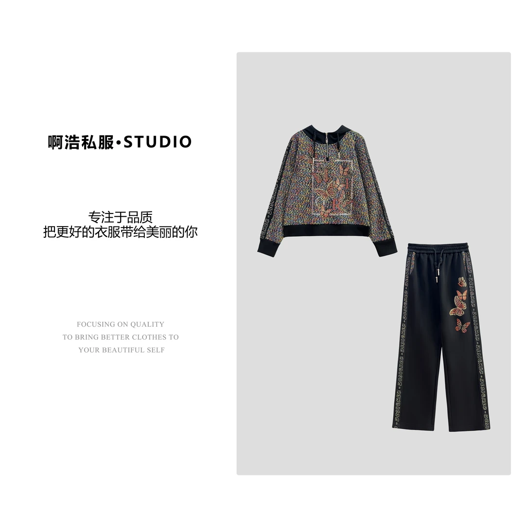 【啊浩私服】秋季新款时尚黑色烫钻蝴蝶休闲套装#9606/9607