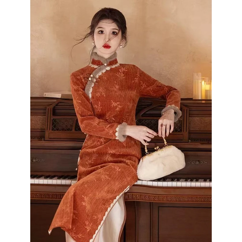 1618 南瓜色 花边 竹叶 【橘竹】 旗袍【偏大一个码】