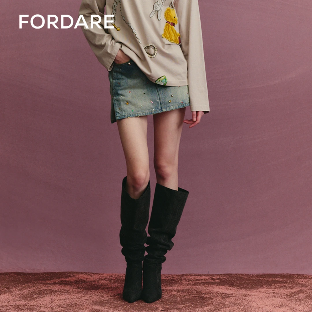 FORDARE/福蝶24秋冬星星彩钻复古感牛仔短裙