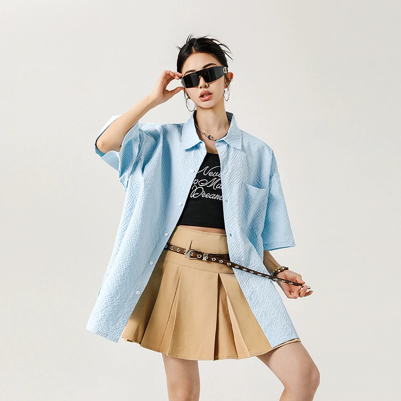 LeoSnow短袖衬衫女夏季薄款透气纯色简约宽松潮牌肌理感休闲衬衣