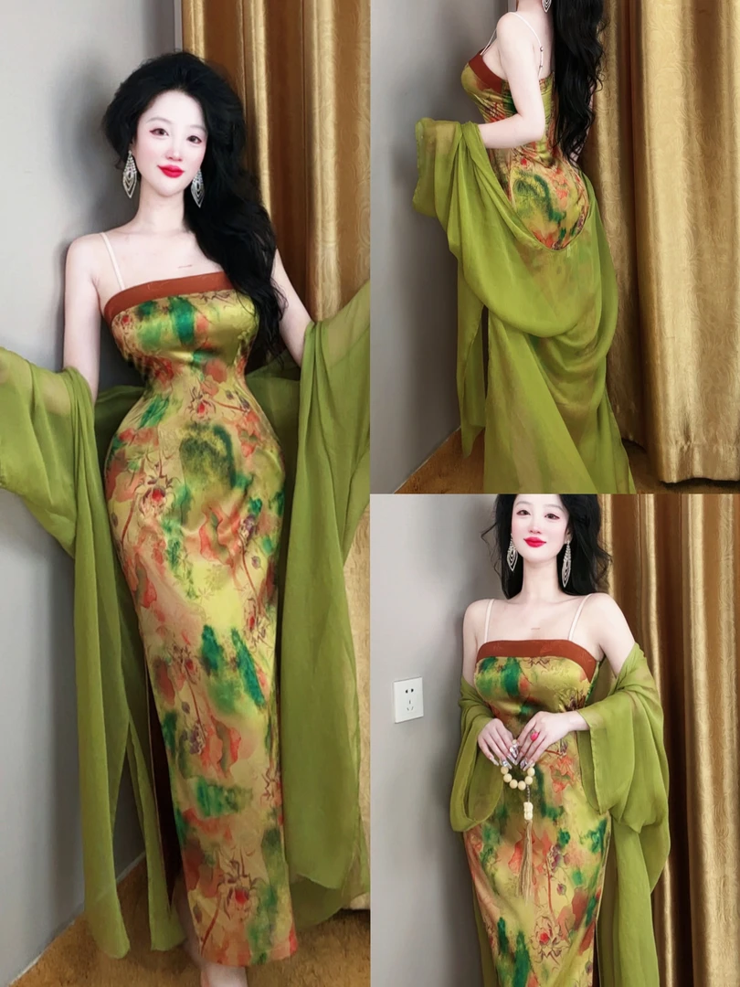 唯艳【千莲游梦】高级奢华感花萝纯欲性感包臀吊带连衣裙旗袍