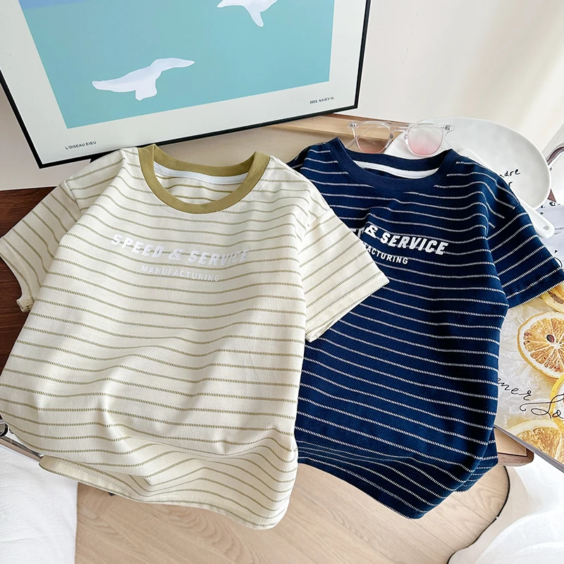 【主播推荐】儿童夏季字母条纹短袖T恤男女宝同款上衣薄款DX25285
