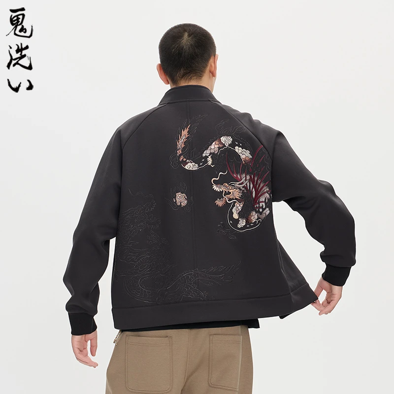 ONIARAI/鬼洗25新品泥棒蓝五运色玄龙刺绣开衫卫衣外套N340233