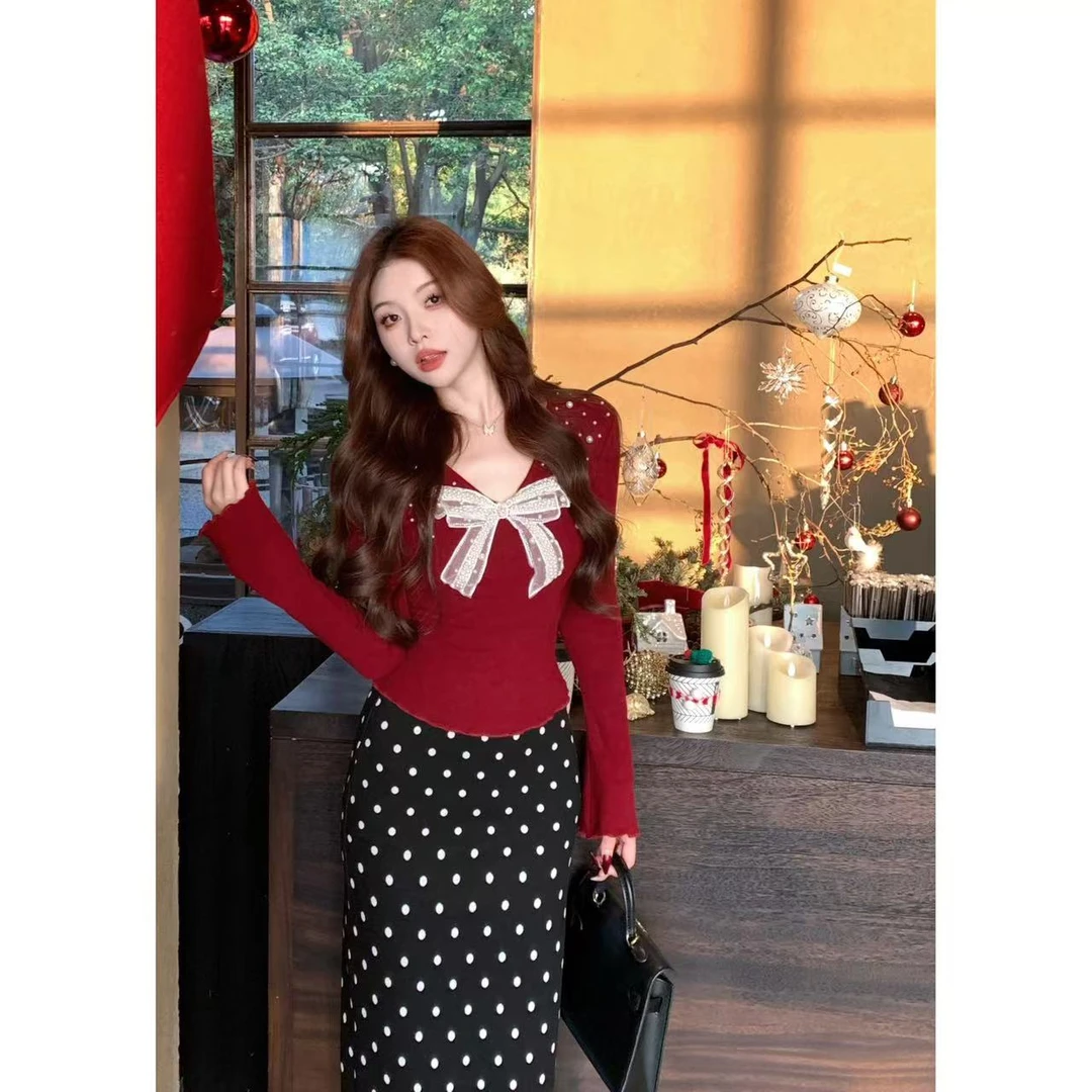 SZA【玫瑰烫金】冬季新款高级感蝴蝶结钉珠修身内搭长袖上衣A-1468