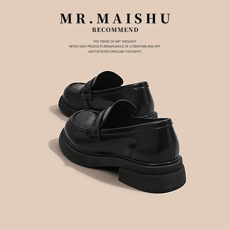 MR.MAISHU~头层牛皮厚底真皮乐福鞋女鞋软底黑色职业JK制服小皮鞋