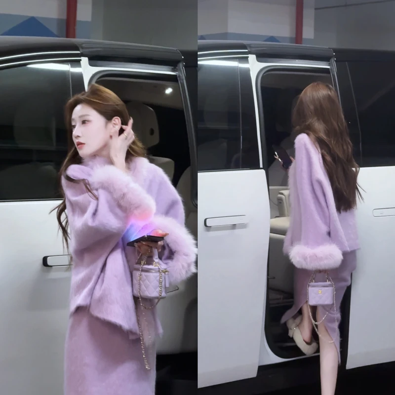 【婷婷】《摄人心魄紫色》慵懒贵气重工狐狸毛拉绒大衣套装25DK8010新