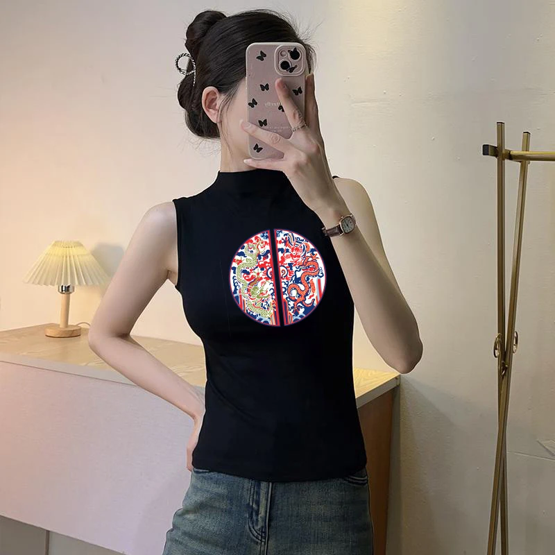 黑色中国风半高领无袖背心女夏季修身显瘦内搭外穿莫代尔冰丝上衣