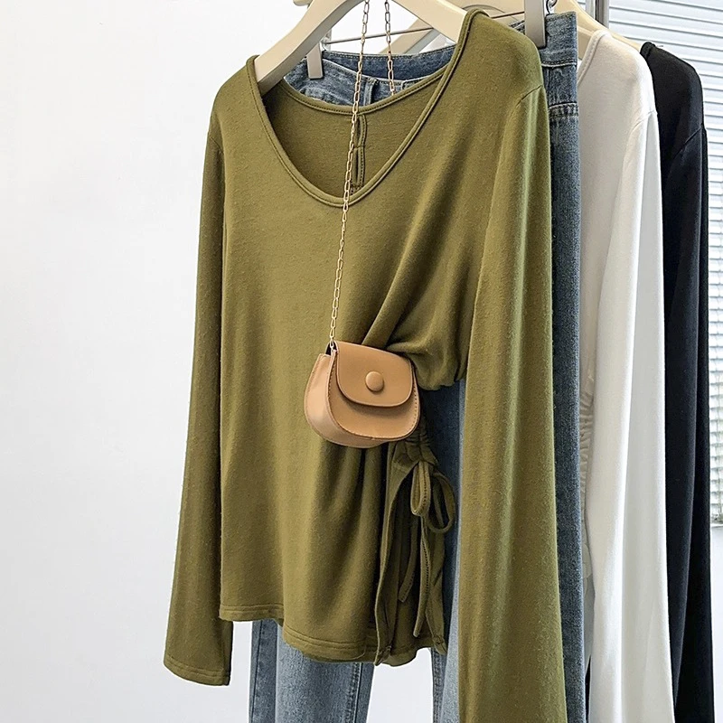大码遮肚子正肩不规则T恤女春秋胖mm遮肉显瘦洋气百搭打底衫上衣