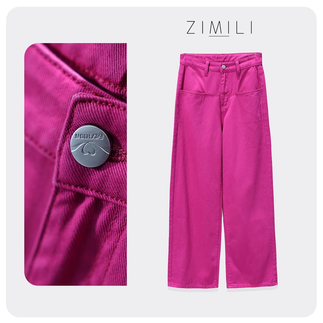 【子秋女装】2025春季欧版时尚玫瑰紫红高腰直筒阔腿牛仔裤6216