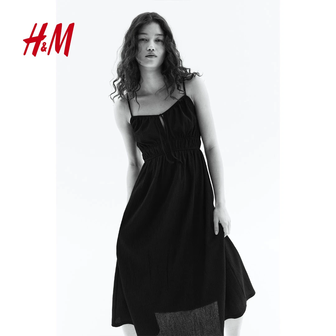 HM女装2025夏新款法式皱感无袖中长吊带连衣裙1283298