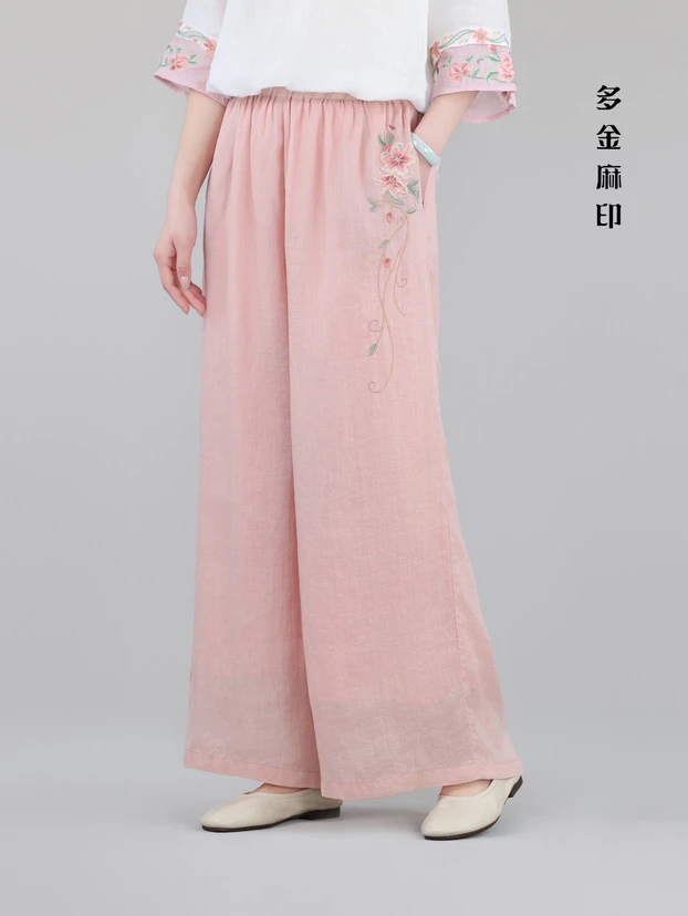 多金麻印25夏款爆款百搭口袋刺绣双层苎麻直筒裤休闲裤67591