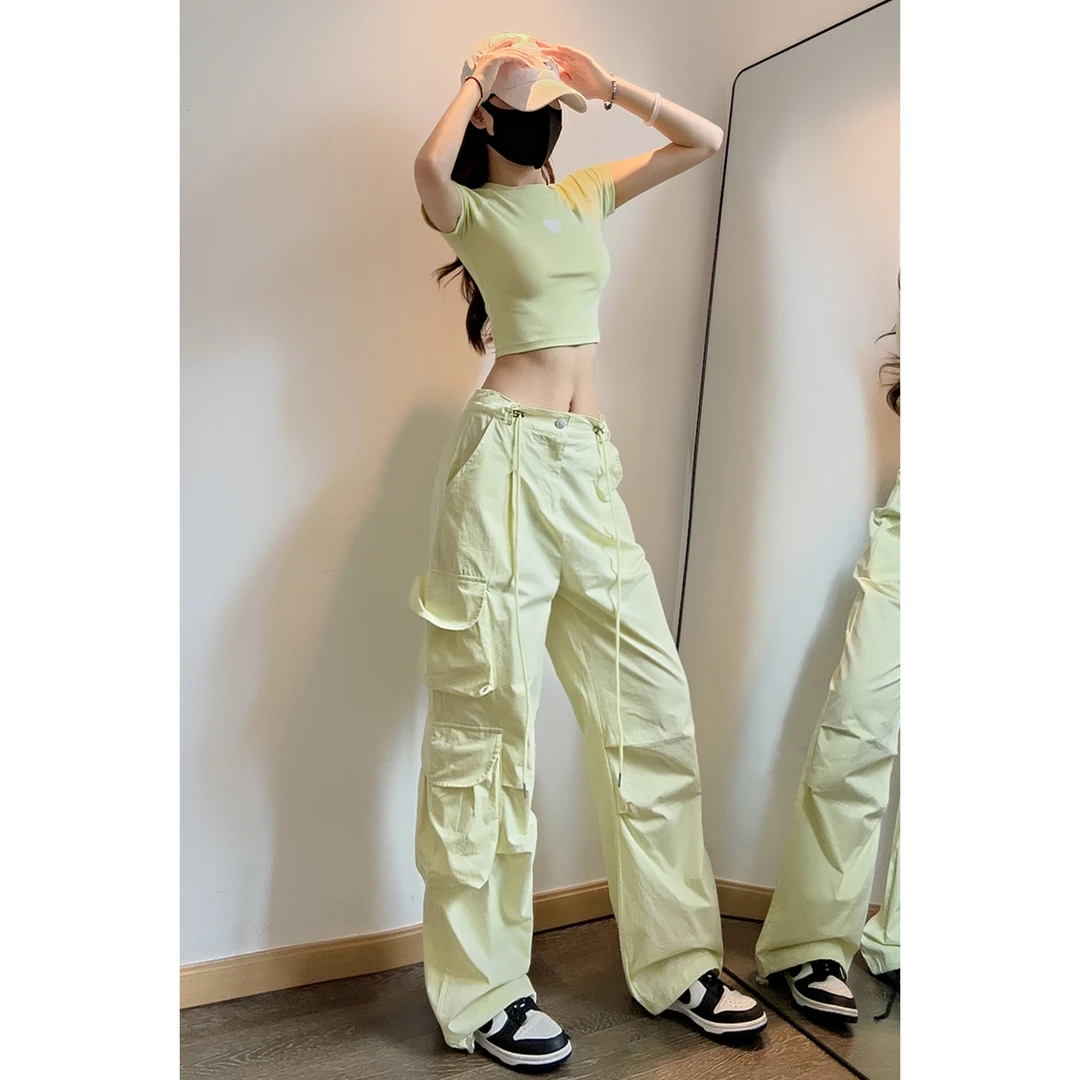 【夏春茶设计】美式街头绑带工装裤女复古抽绳宽松显瘦直筒阔腿长裤