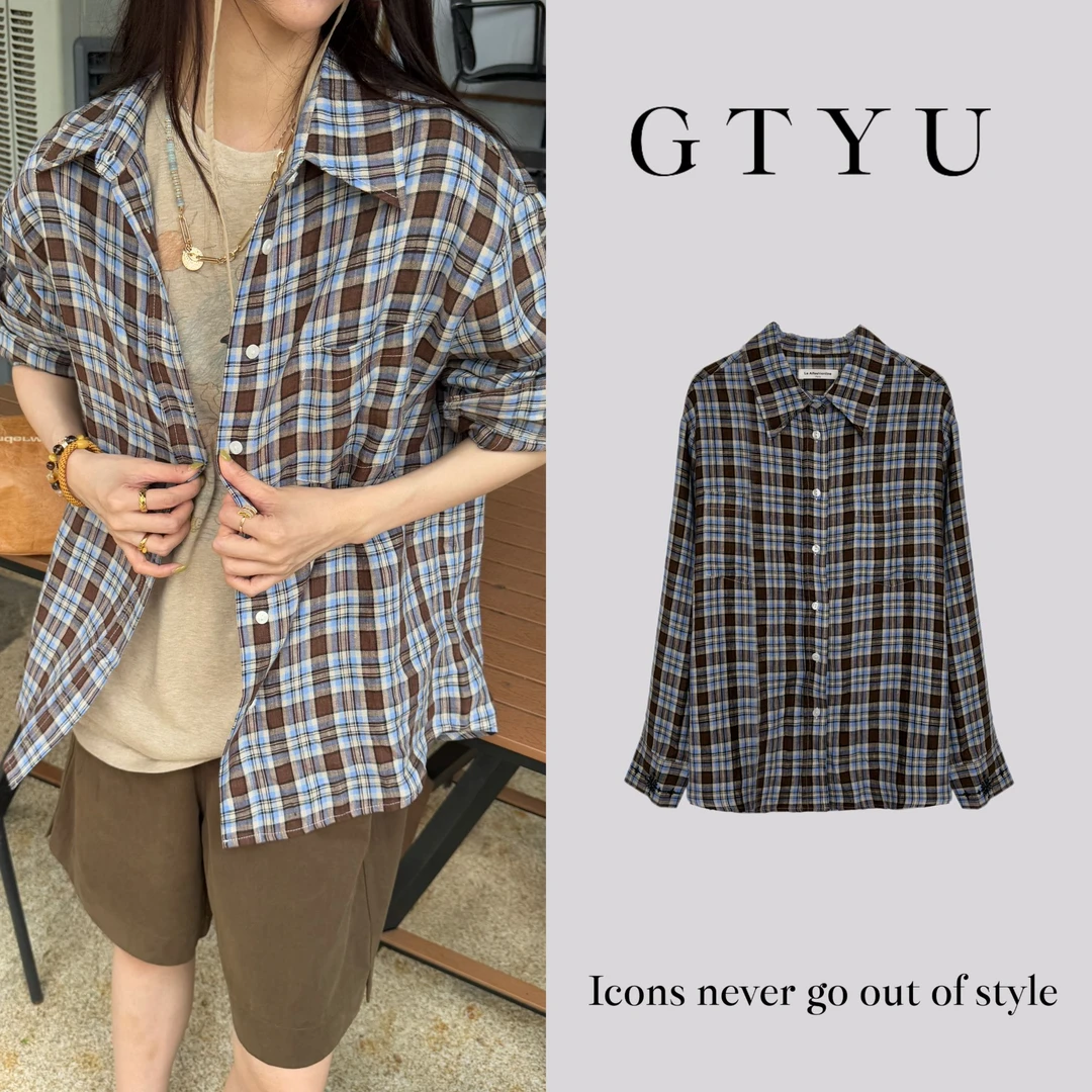 『GTYU』100%亚麻简约休闲宽松经典百搭外穿长袖衬衫女格纹