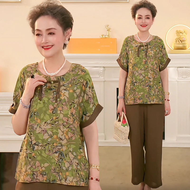 气质套装大码妈妈装洋气中老年女装衬衣宽松奶奶两件套衣服夏季