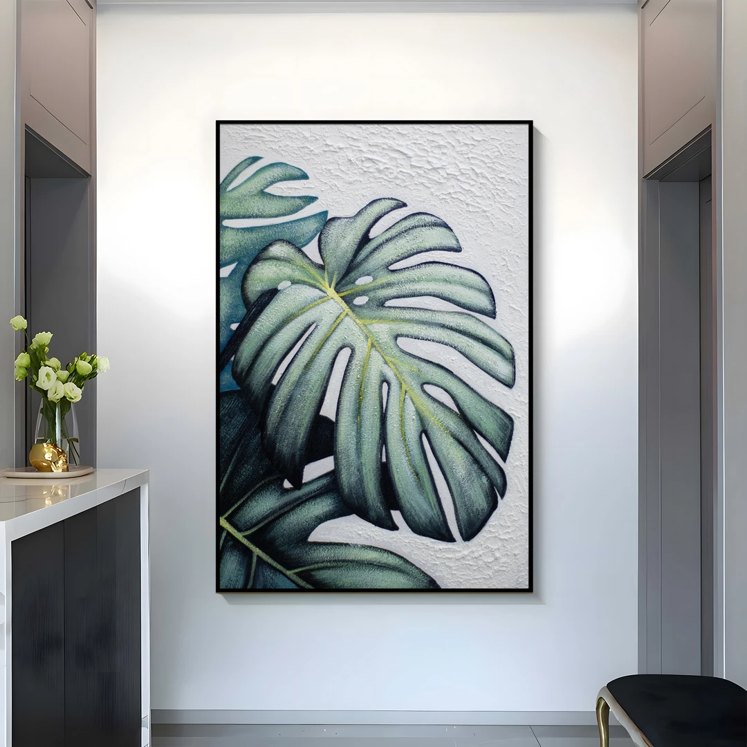 龟背竹家大叶大手工砂岩油画风装饰画客厅玄关高感叶子80120