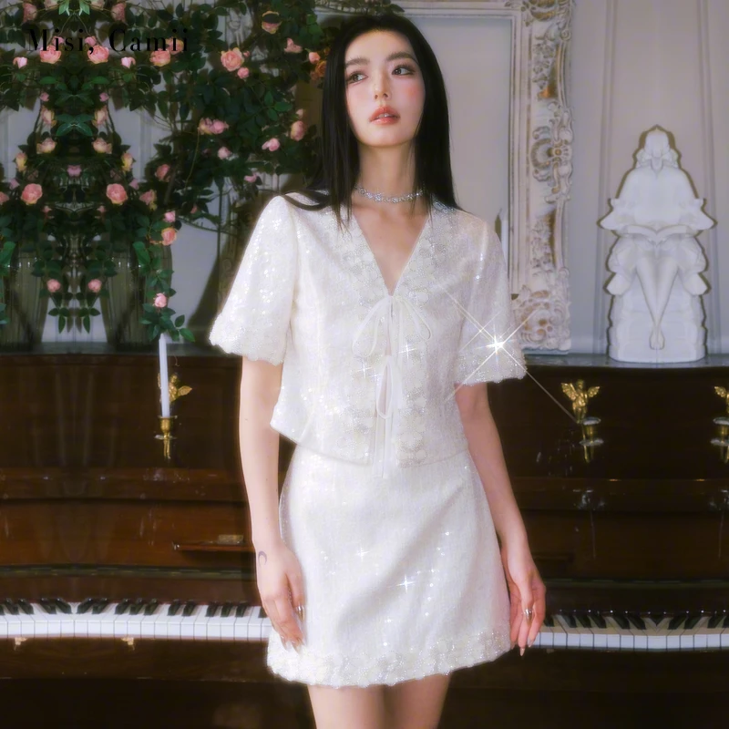 Misi,Camii2024春夏新款钉珠花边蕾丝系带上衣名媛风轻奢时尚百搭