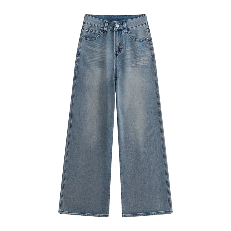 艾格复古蓝高腰阔腿直筒牛仔裤女垂感显瘦2025春季新款宽松设计感