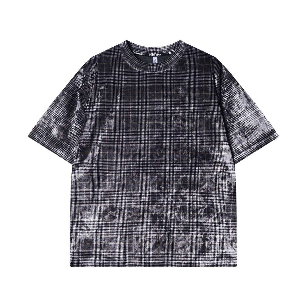 夏季新款时尚个性美式撞色格子圆领半袖T恤百搭舒适潮流上衣