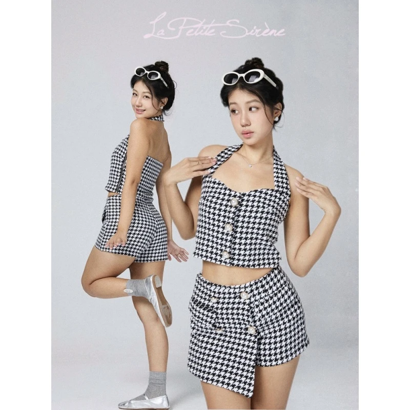 LPS｜永恒的经典复古千鸟格秋薄毛呢挂脖裤裙套装显瘦上衣格子黑白