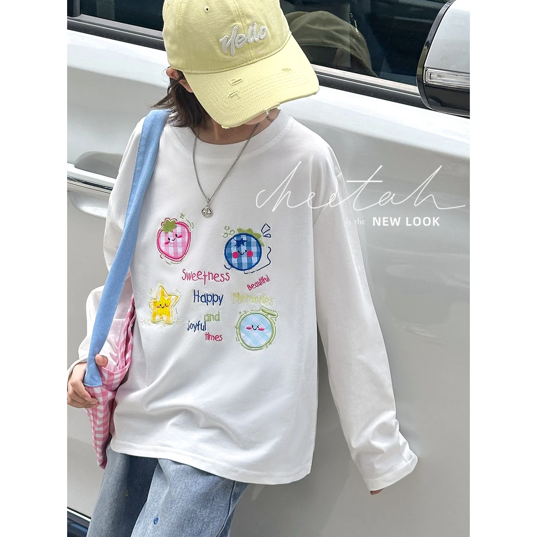 女童长袖t恤秋季2025新款儿童白色上衣休闲大童打底韩版趣味印花
