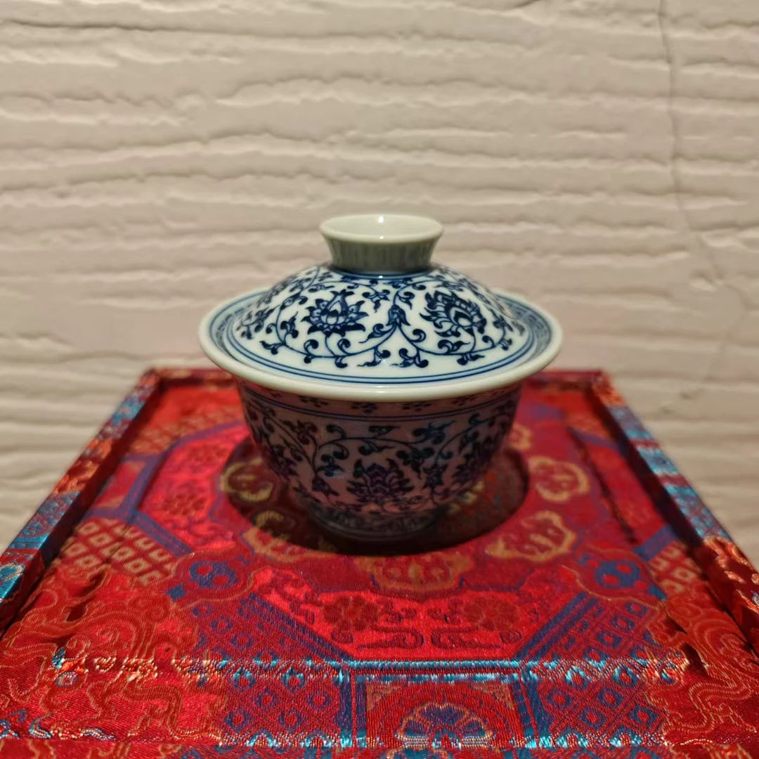 古古景德镇瓷器溯源行占春生窑内外满工缠枝莲盖碗—zcsy677