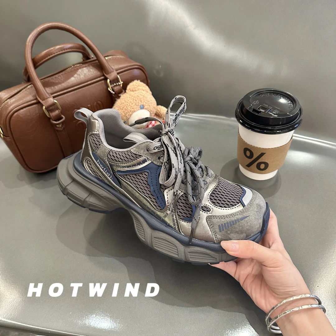 Hotwind/热风2025新款四色老爹鞋厚底休闲鞋女百搭增高运动鞋