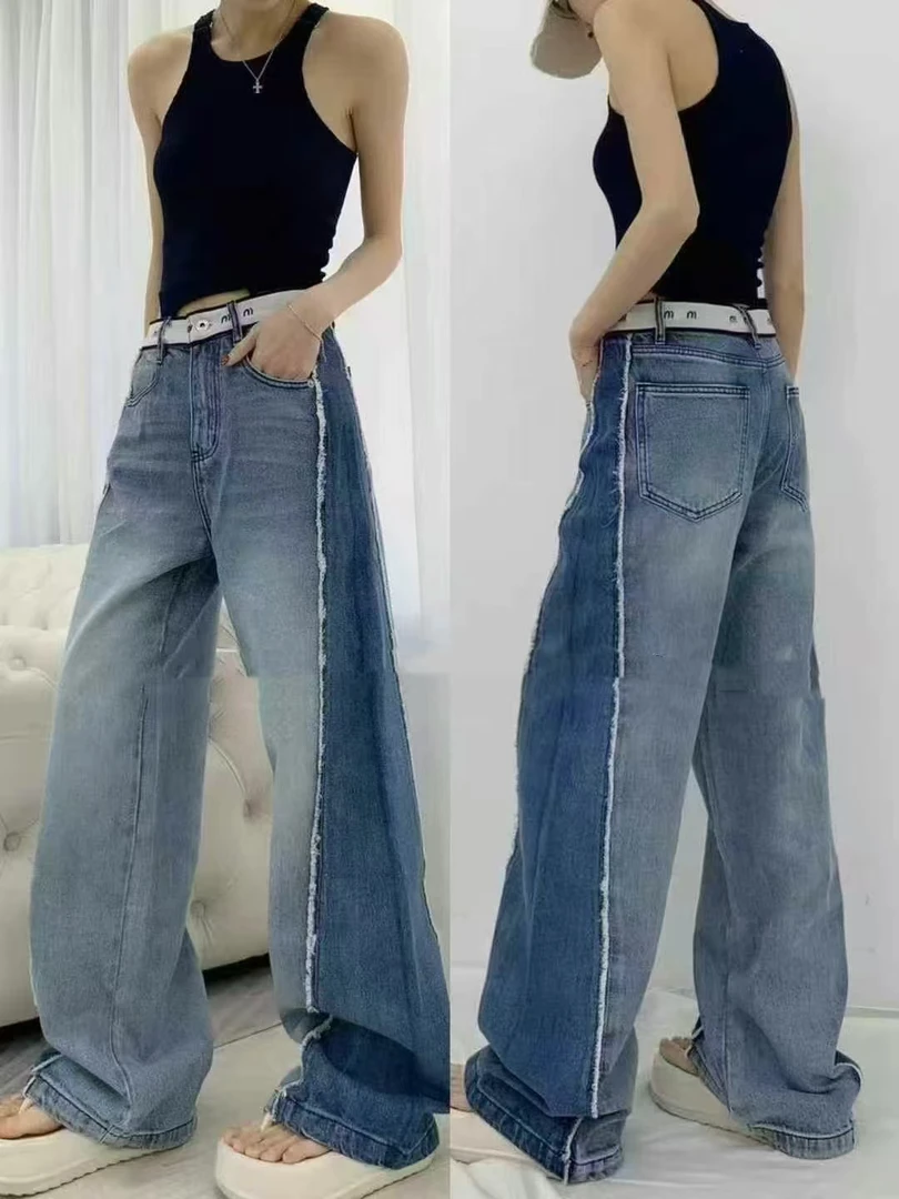 59514-60625 蓝色撞色拼接毛边字母织带直筒牛仔裤