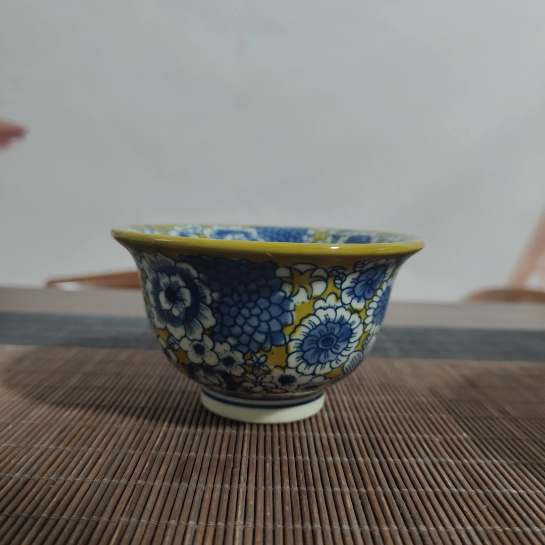 景德镇青花万花压手杯柴窑手绘黄稀土单杯陶瓷茶杯主人杯品茗杯