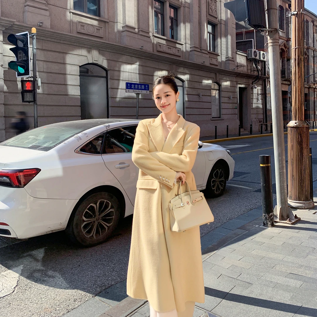 西装款毛呢外套女冬新款韩版高级感宽松气质过膝显瘦双面呢大衣