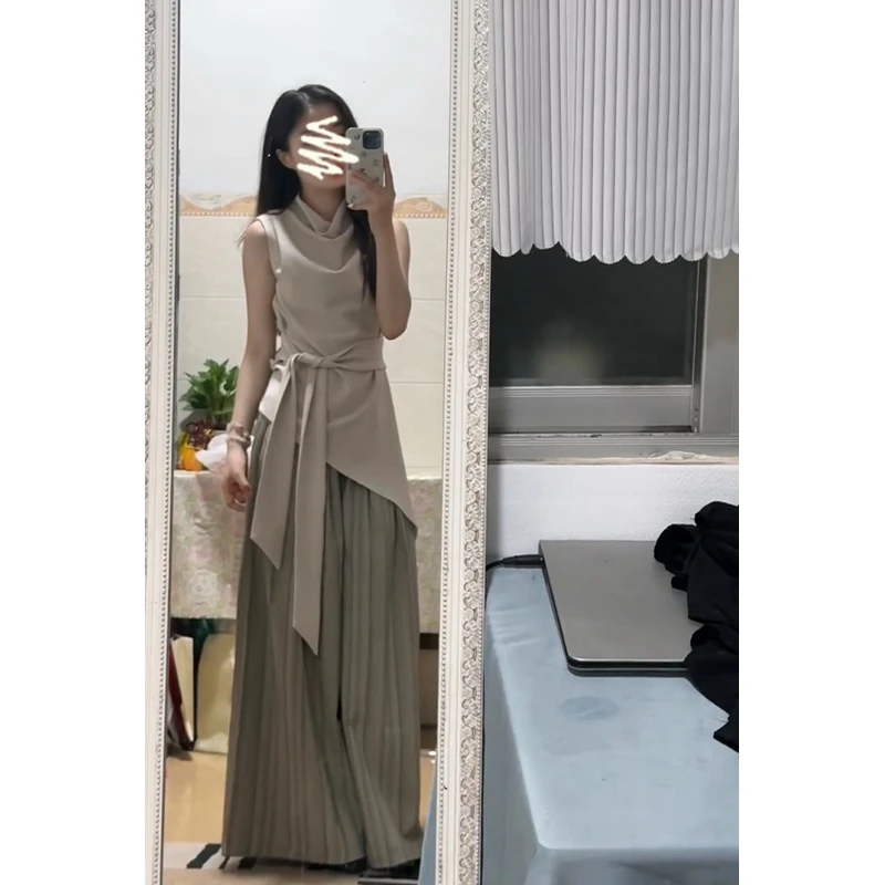 2025夏季新款女法式高级感绑带荡领无袖上衣气质高腰条纹阔腿长裤