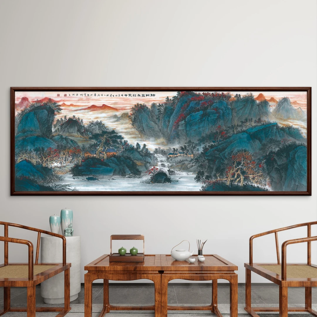 9659-62*185神州彩霞装饰画实木框办公室玄关书房茶室客厅挂画