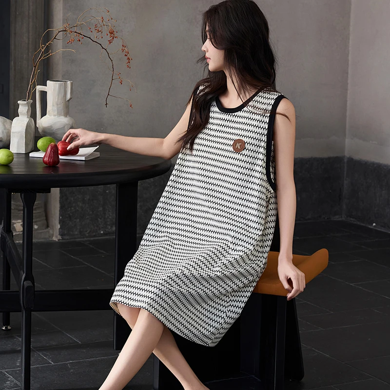 【带胸垫】莫代尔睡裙女夏季宽松休闲条纹高级感中长款睡衣女裙夏天