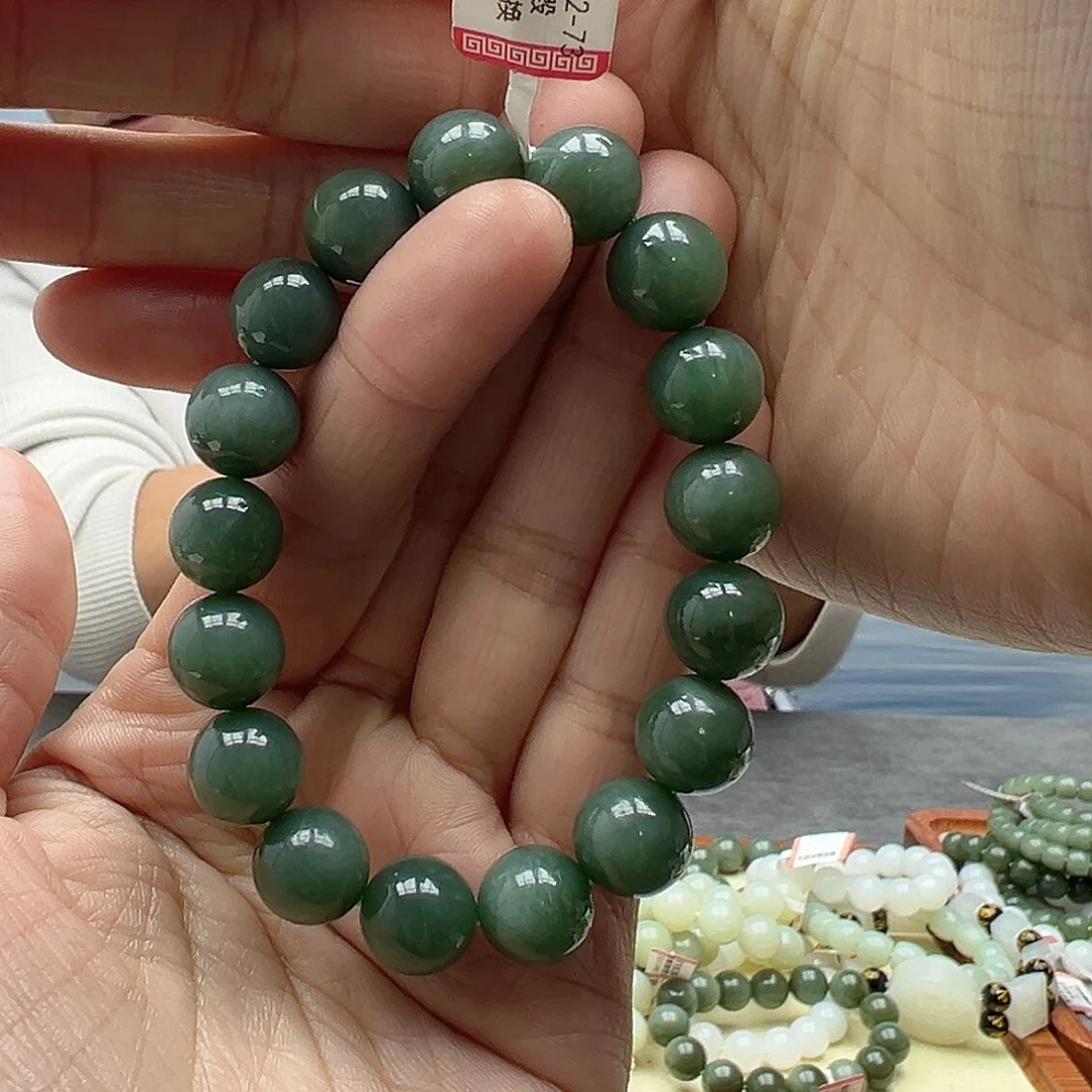 和田玉手串未镶嵌12瓷蓝猫