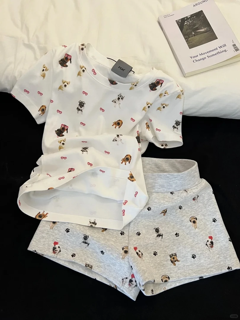 韩系卡通小狗印花睡衣套装女夏季2025年款短袖短裤套装外穿家居服