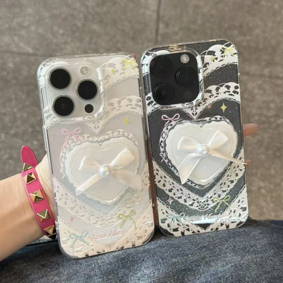 奥菲顿蕾丝边爱心支架适用苹果16/15pro手机壳华为P70vivoppo小米