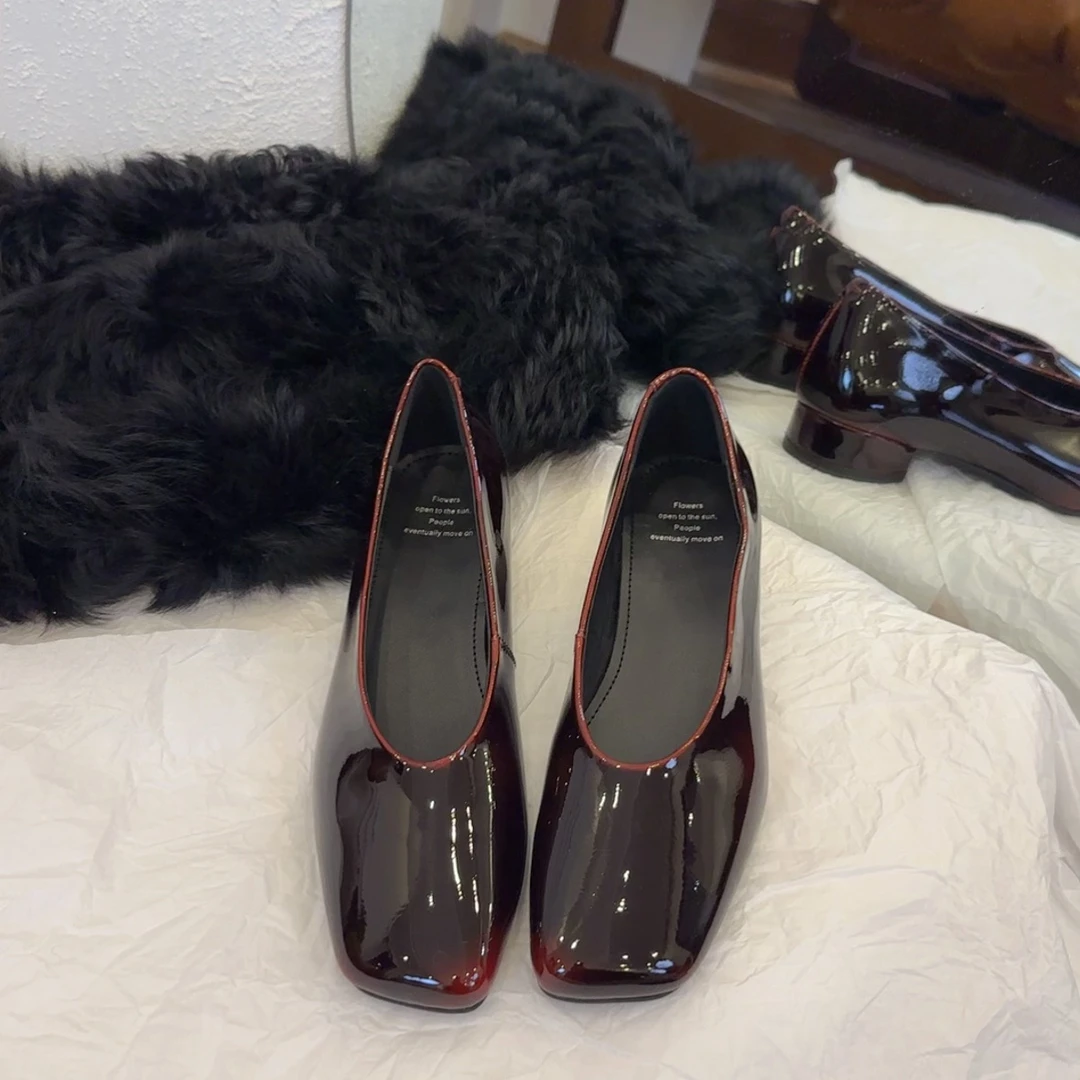 【六呈六】牛皮/3CM/极简方头粗跟一脚蹬日常通勤气质浅口单鞋女