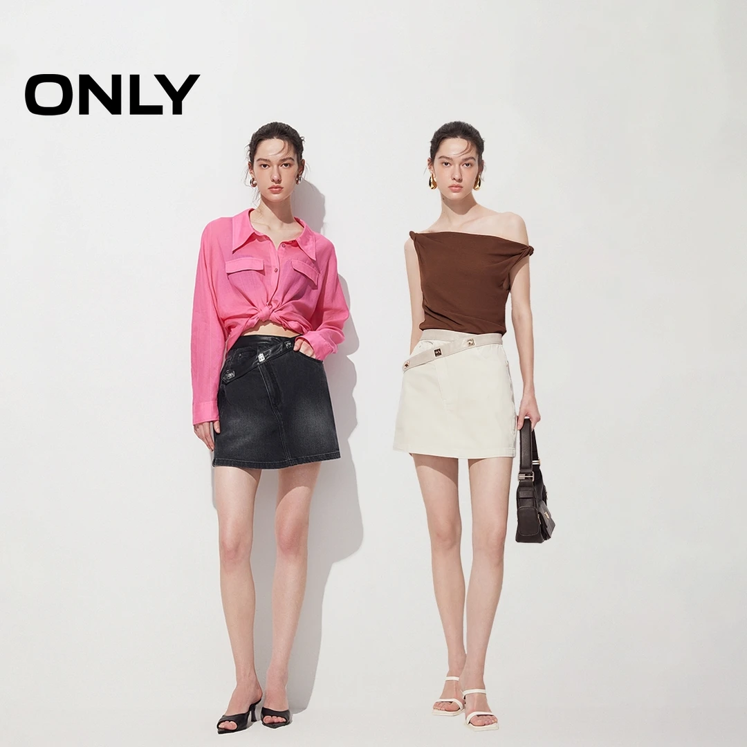 ONLY2025秋季新款不对称拼接A字高腰裙裤短裤牛仔裤女|124243038