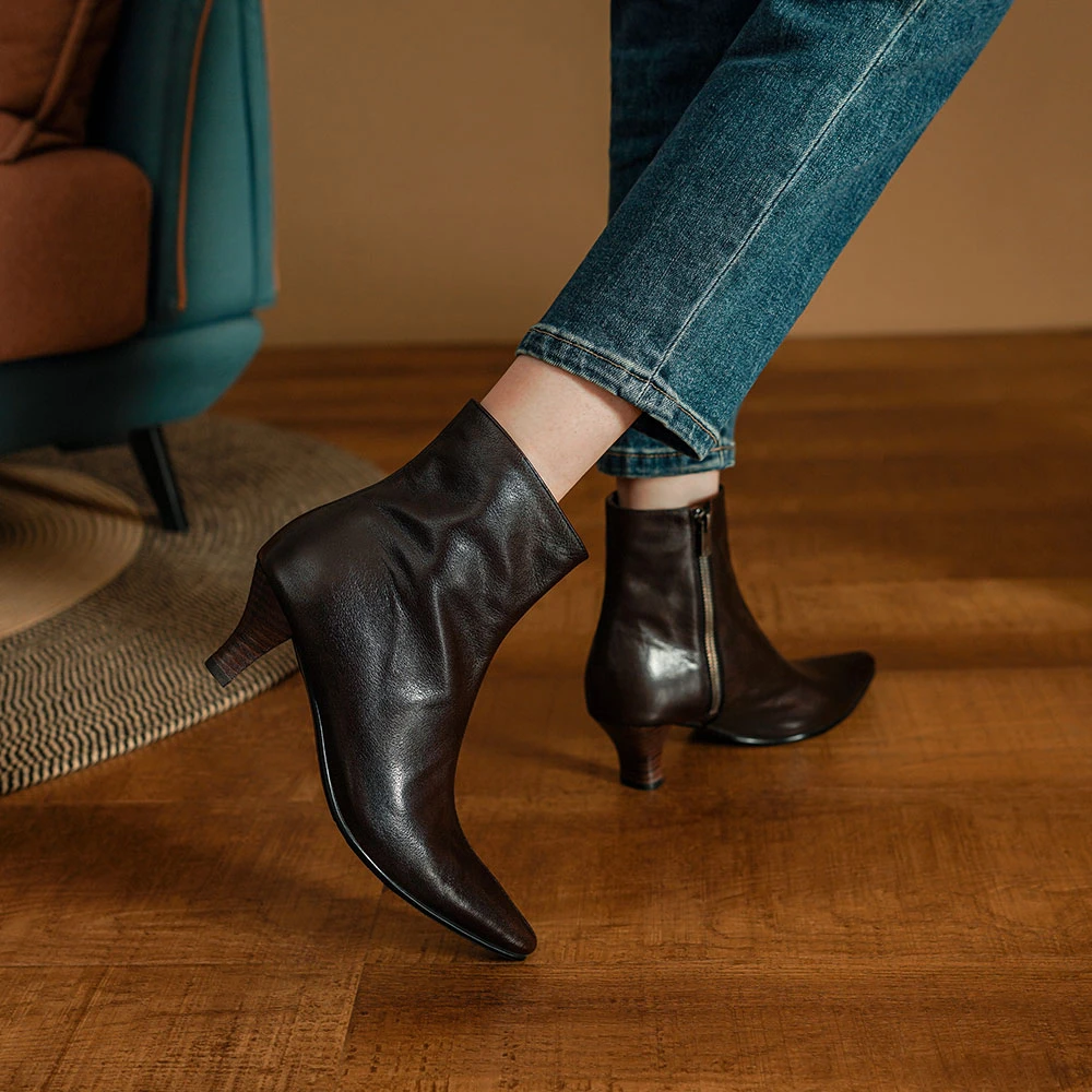 跟高5.5CM/水洗头层胎牛皮秋冬季高跟短靴时尚法式真皮细跟尖头靴