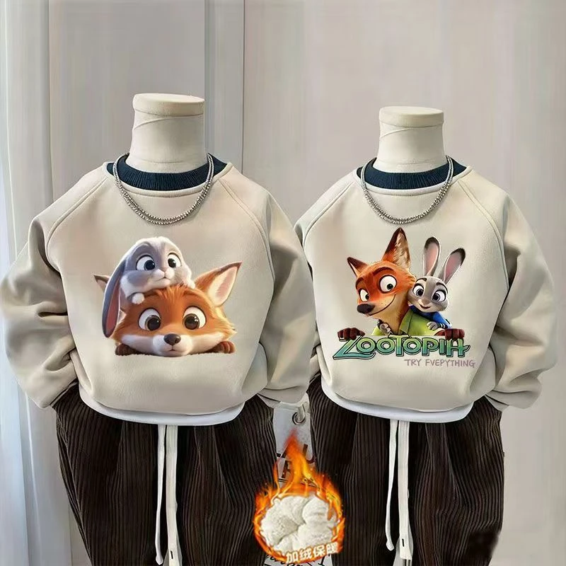 儿童疯狂动物加绒加厚秋冬新款女童圆领卫衣洋气尼克卡通男童上衣