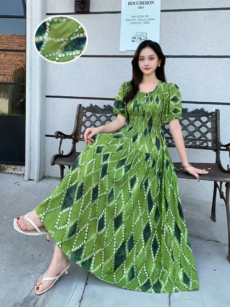 A字裙夏季轻职风印花短袖连衣裙时尚百搭沙丘废土风（535）