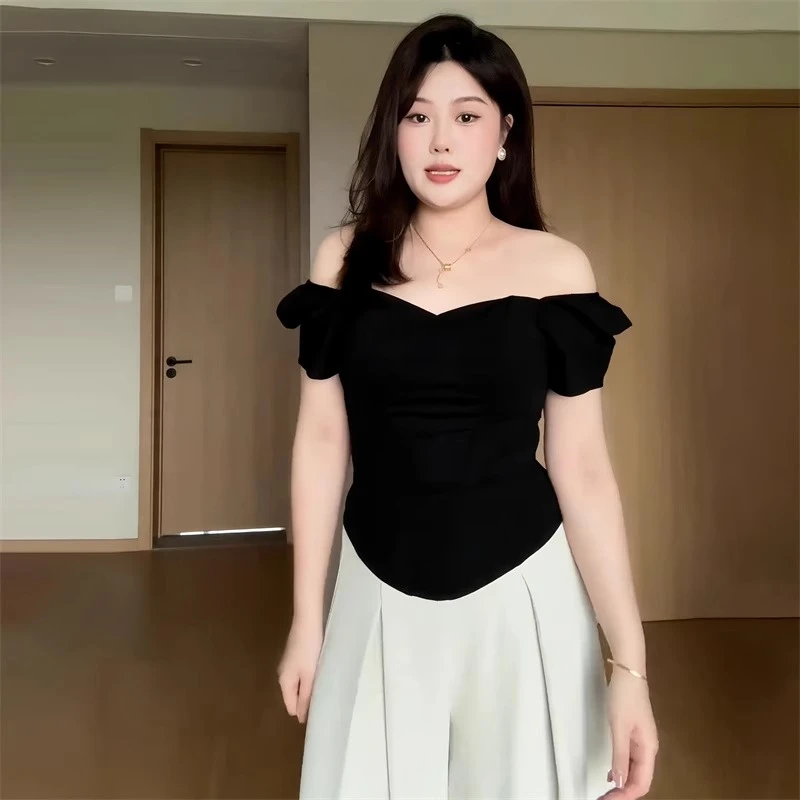 黑色一字肩短袖t恤女夏季2025新款大码胖MM掐腰修身显瘦鱼骨上衣