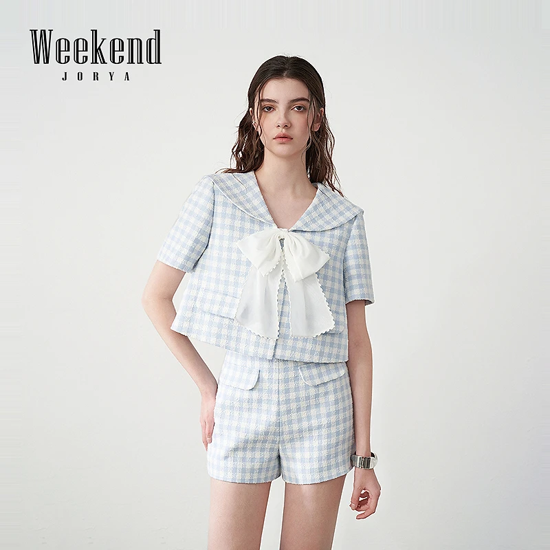 【一秒入夏】卓雅周末25夏季新款蝴蝶结复古甜心格纹外套R220981C