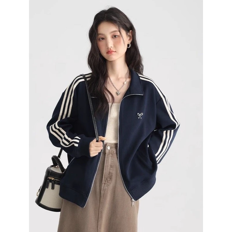 三条杠蝴蝶结卫衣女运动外套秋新款藏青色薄款开衫拉链上衣