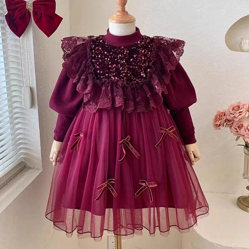 连衣裙女千金风长袖加绒女孩裙子宝宝蓬蓬裙花童洋气红色婚礼