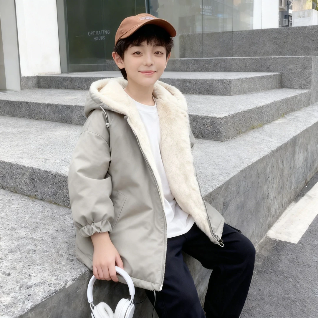 两面穿连帽加厚一体外套 冬季加绒保暖