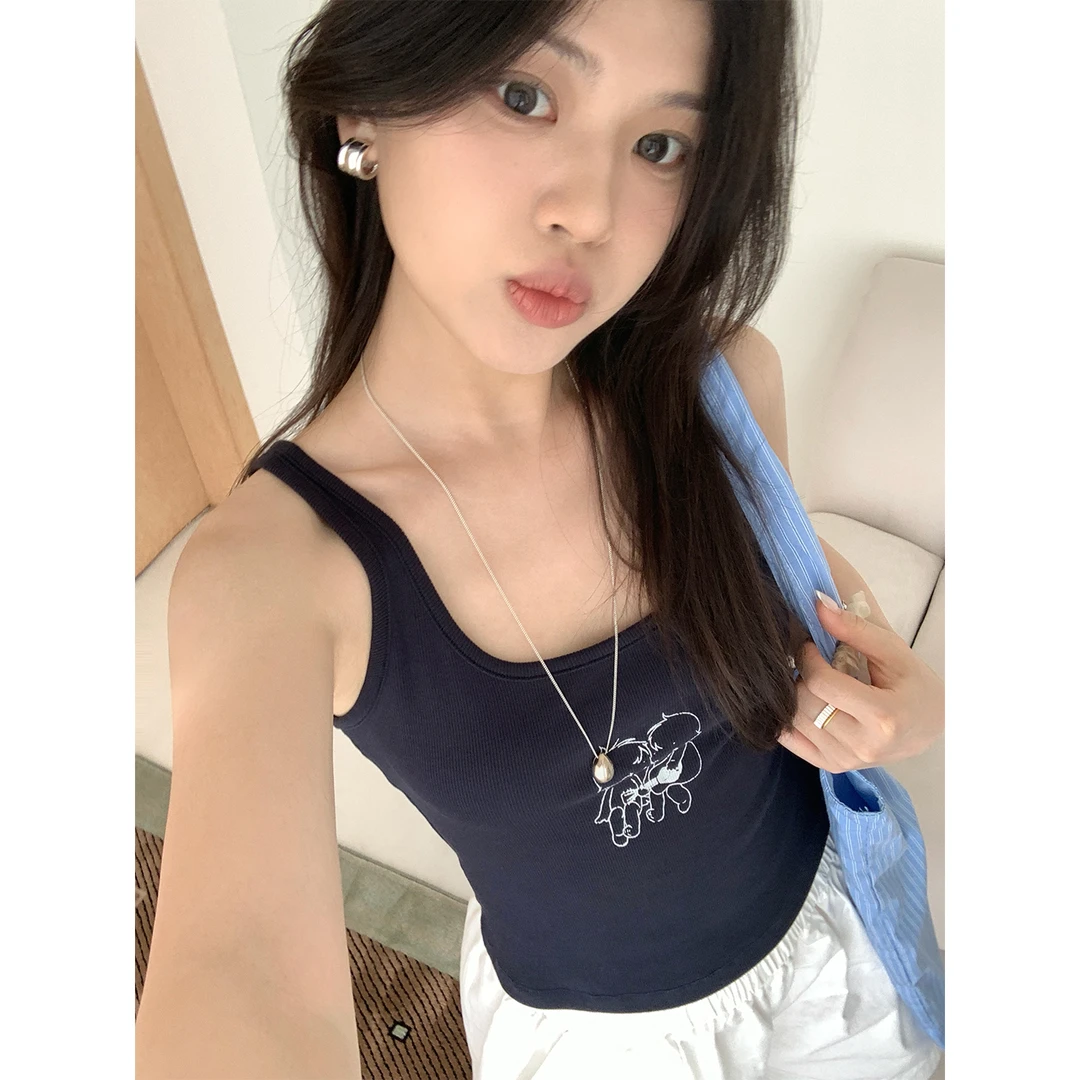 Miss sumey1057#自制可爱小天使娃娃印花U领修身百搭休闲背心吊带