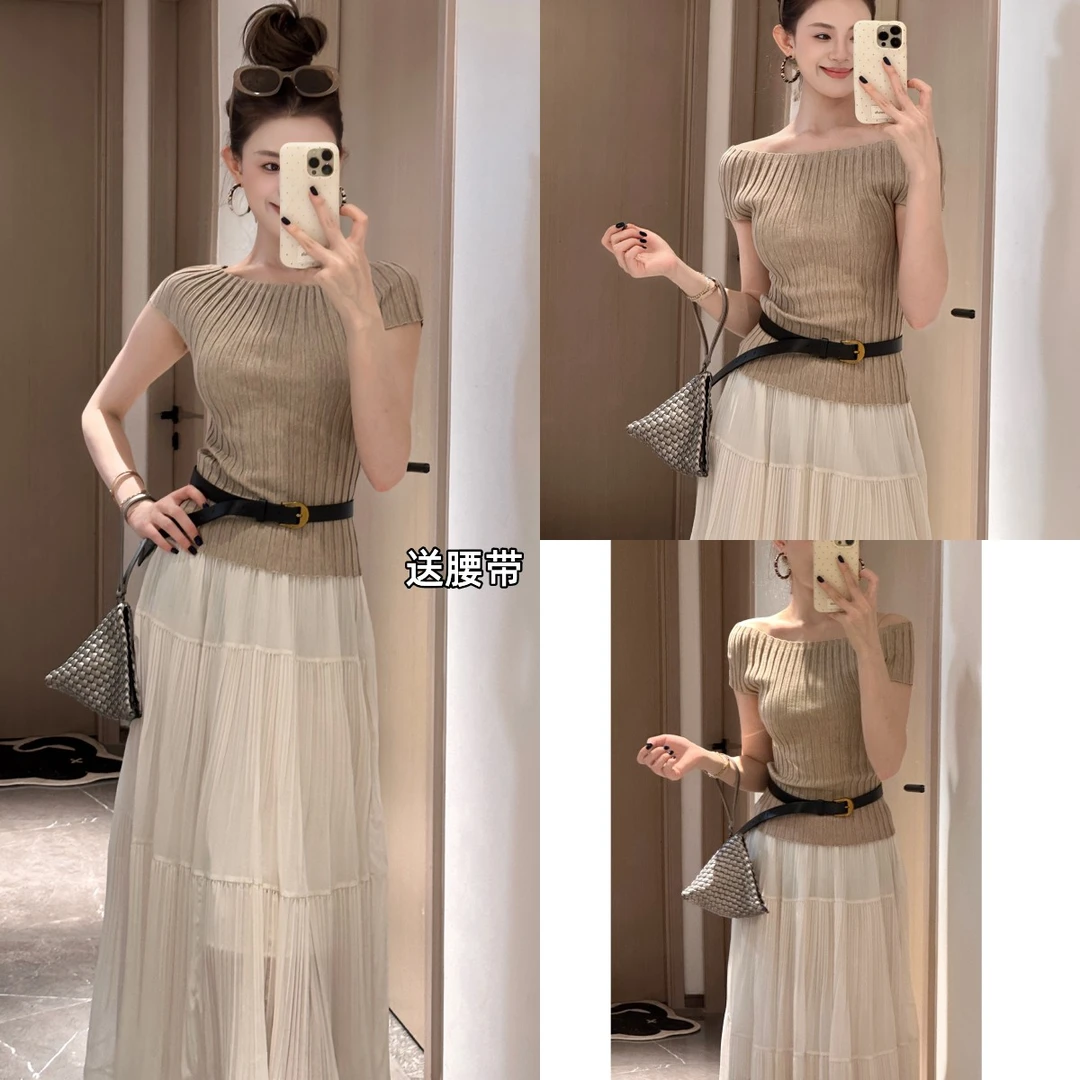 法式气质温柔风一字肩韩系修身显瘦针织上衣